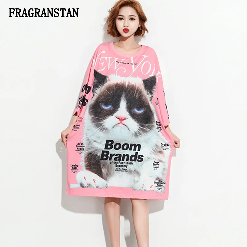 

New Half Sleeve Women Loose Plus Size Summer Dress Female Fashion Letter Cat Print Pink Dresses Casual O-Neck Ladies Dress Q300
