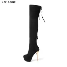 NEMAONE/ г. Женские Сапоги выше колена пикантная женская обувь для вечеринок на тонком высоком каблуке с эластичной лентой черная зимняя теплая офисная обувь, размеры 34-43