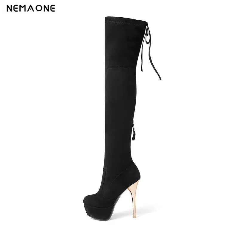 

NEMAONE 2019 Women Over The Knee Boots Elastic Band thin High Heel Sexy Women Party Shoes Black Office Winter Warm Size 34-43