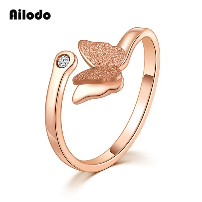 

Ailodo Fashion Stainless Steel Butterfly Opening Ring For Women Rose Gold Color Crystal Party Wedding Rings Birthday Gift LD013