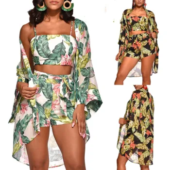 

Casual Womens 3Pcs Set Floral Printed Short Crop Top Shorts And Sevene Sleeve Cover Up Summer Sea Holiday Slim Set 2019 New Hot