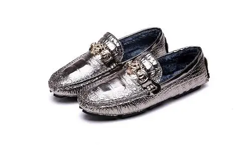 Обувь мужские лоферы; Кожаные Мокасины в стиле крокодиловой кожи; обувь без шнуровки на плоской подошве; обувь для вождения лодки; классическая мужская обувь; Gommino Zapatos; размеры 38-47 - Цвет: sliver fur