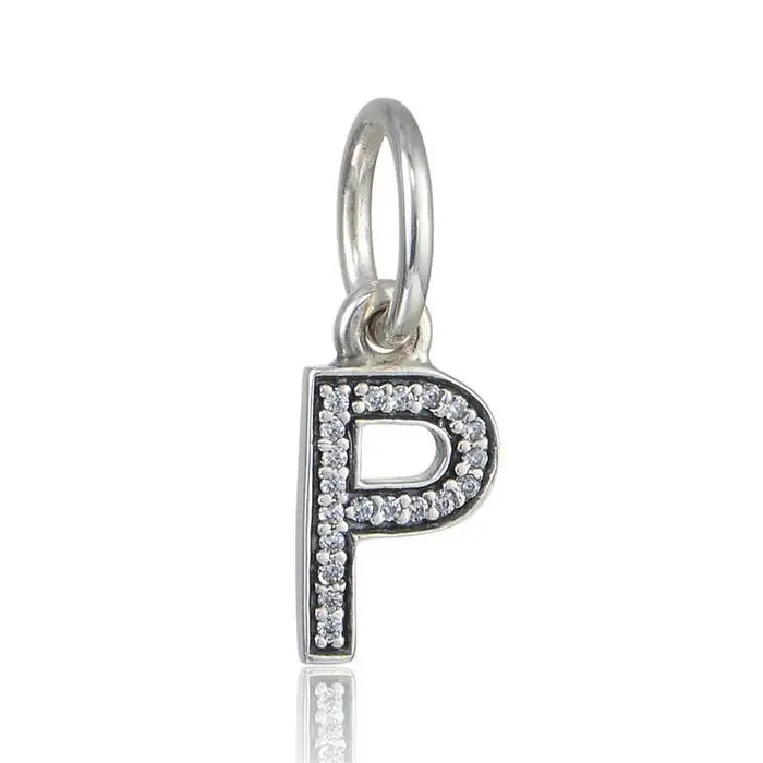 Authentic 925 Sterling Silver Letter P Dangle Charms Pendant With Clear