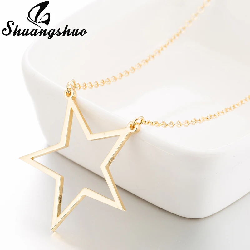 

Shuangshuo Women Gold Necklaces Star Pendant Necklace Collares Hollow Out Big Star Stainless Steel Necklaces Collier Femme Gifts