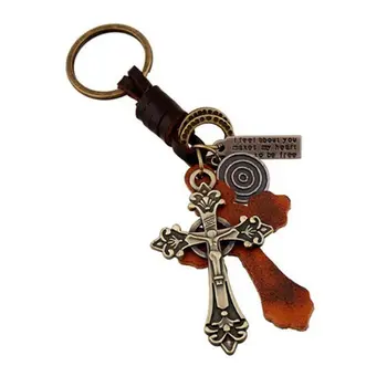 

Leather Alloy Retro Christian Cross Keychain Key Ring Holder Charm Fashion Accessories Car Bag Pendant W8603