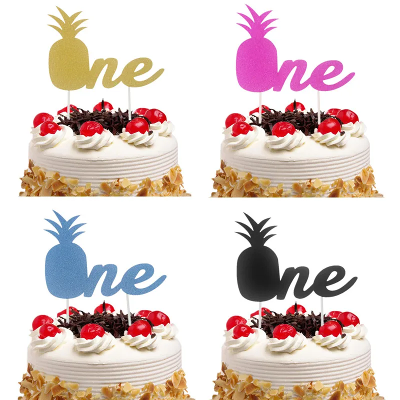 Cake Toppers Glitter Pineapple ONE Cupcake Topper Cake Flags Kids Baby 1st Birthday Wedding Bride Party Baby Shower Baking DIY