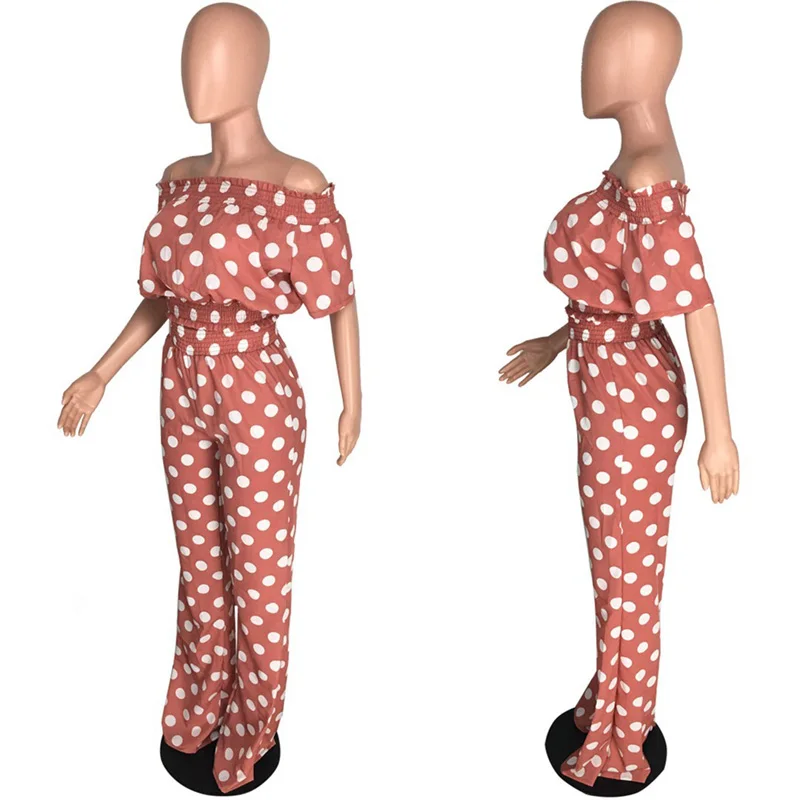 co ord sets Women Summer Sexy 2 Pieces Outfits Polka Dot Printed Off Shoulder Crop Top and High Waist Long Pants Elegant Streetwear Workwear matching lounge set
