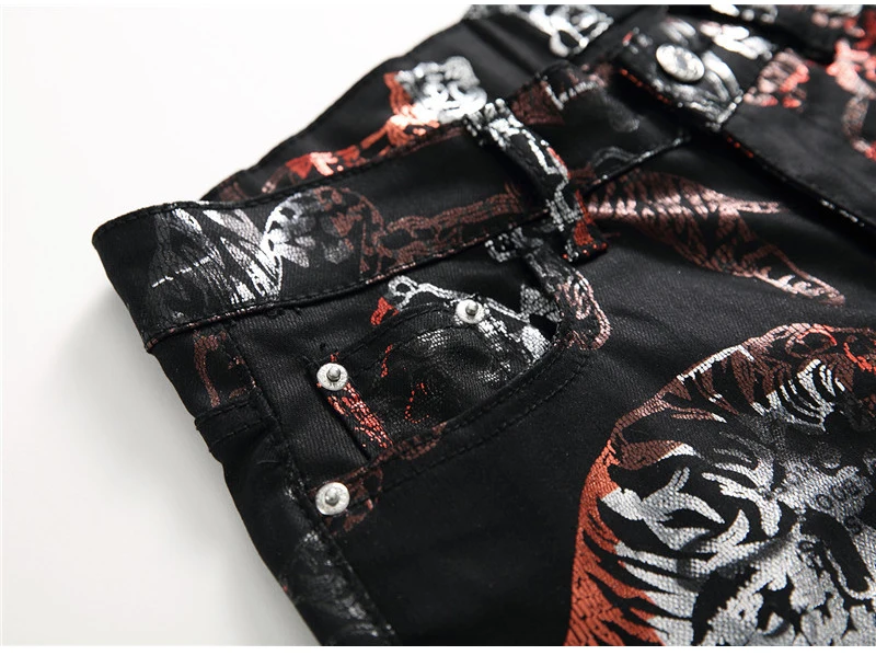 Sokotoo Men's tiger animal printed coated jeans Fashion slim fit black painted stretch pants