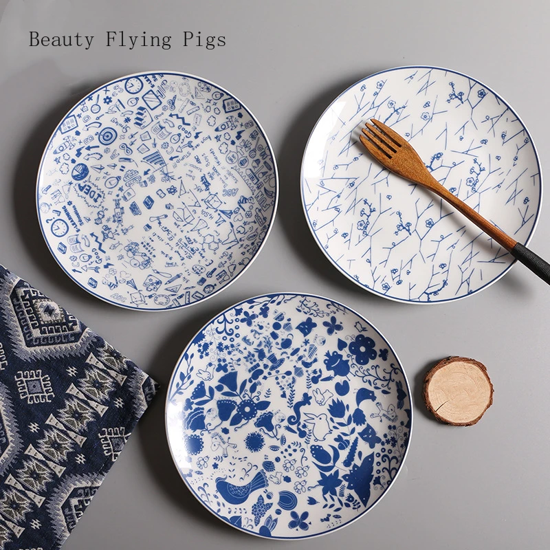 

Japanese household blue four pattern eight-inch glaze on the dish dish ceramic dish Western cuisine pasta home decoration plate