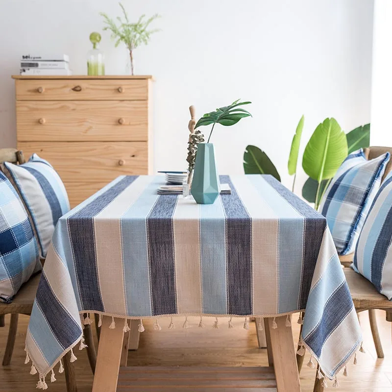 В синюю полоску Водонепроницаемый скатерть для кухонного стола скатерть прихватки и льна с кисточками прямоугольные скатерти с бахромой скатерть для обеденного стола