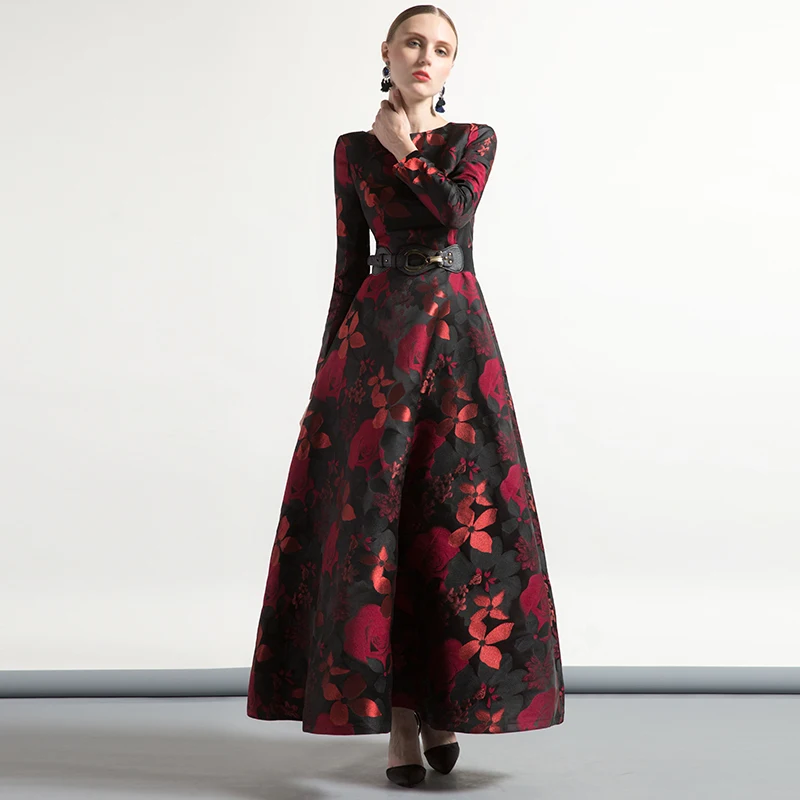 Высокое качество элегантное женское длинное платье макси с длинным рукавом осеннего размера плюс цветочный женский жаккардовый осенне-зимнее платье винтажная мода