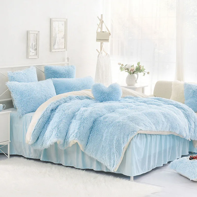 High-quality Purple Blue Pink creamy-white Cashmere Wool Velvet Ruffle Duvet Cover Bedding
