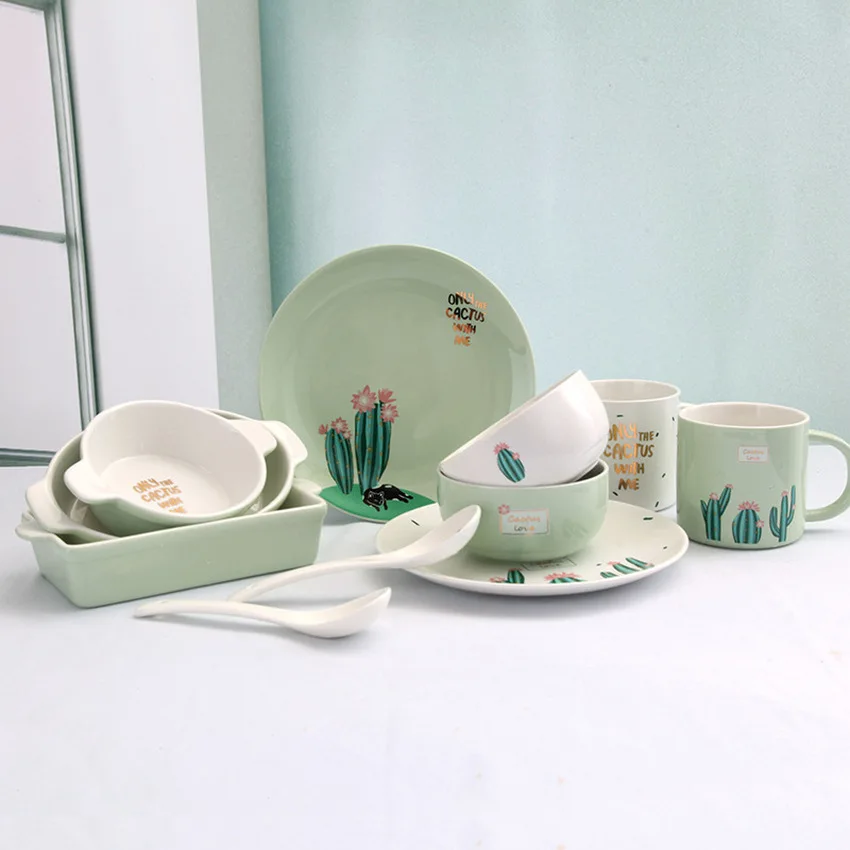

Cactus Tableware Set Creative Ceramic Mugs Bone Porcelain Tableware Set Kitchen Utensils Gift Cartoon Snacks Bowl Dish Cutlery