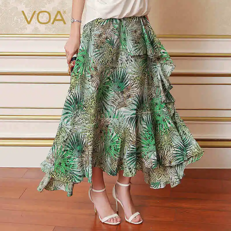 VOA Silk Green Skirts Women Long Skirt Bohemian Print Asymmetrical Ruffles Casual Big Size Loose