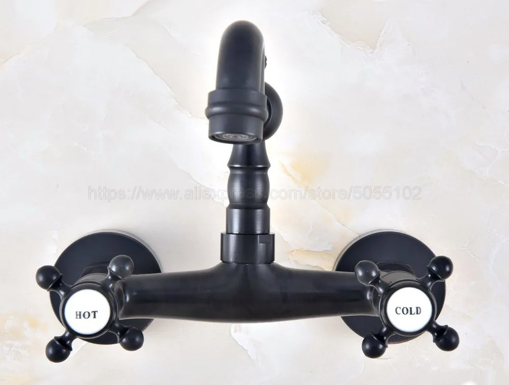 Oil Rubbed Bronze Wall Mounted Swivel Spout Bathroom Sink Faucet Double Handle Mixer Tap Wall Mounted znf451