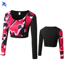 Камуфляжное женское Спортивное компрессионное приталенное с длинными рукавами, рубашка для фитнеса бега, короткая стильная камуфляжная майка, укороченные топы