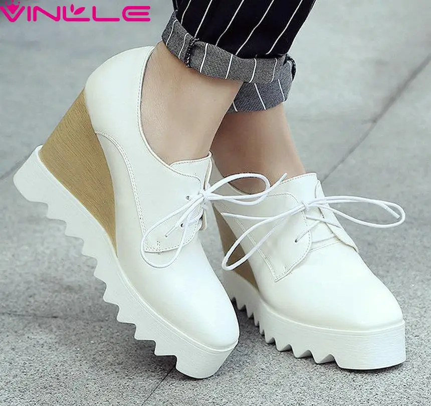 

Pointed Toe White Spring Women Shoes Wedge High Heel Soft PU Lace Up Woman Pumps Ladies Fashion Casual Platform Shoes Size 34-39