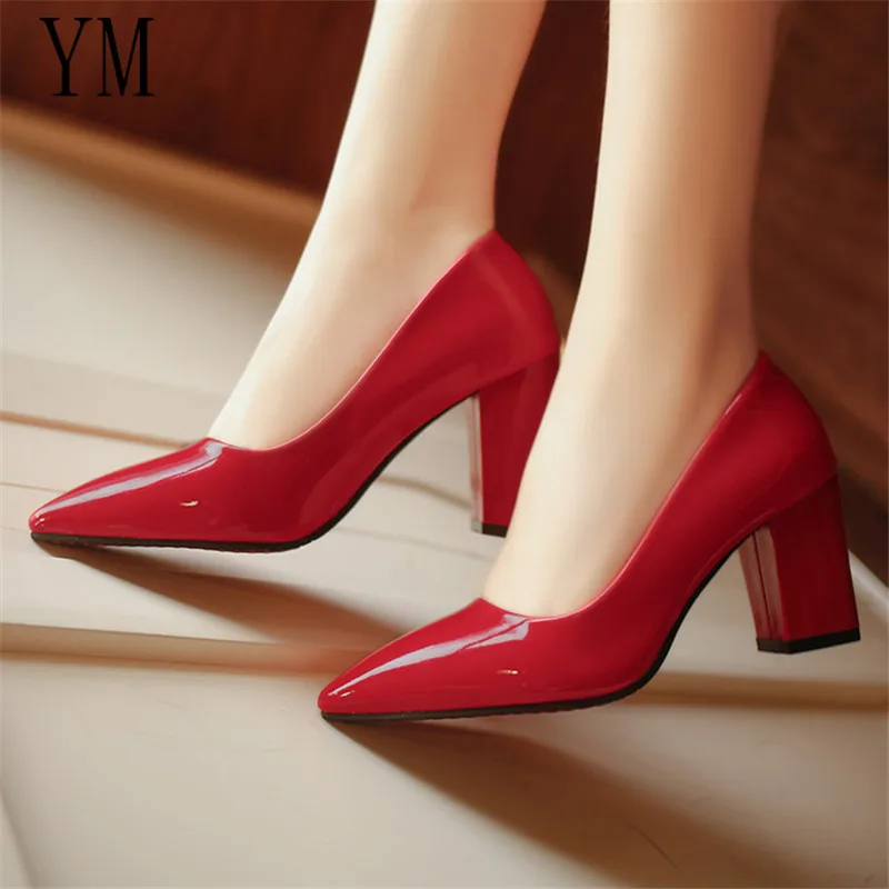 

Hot 2018 New Women Pumps Black High heels Lady Patent leather Thick with Autumn Pointed Single Shoes Female Sandals Big 34-40