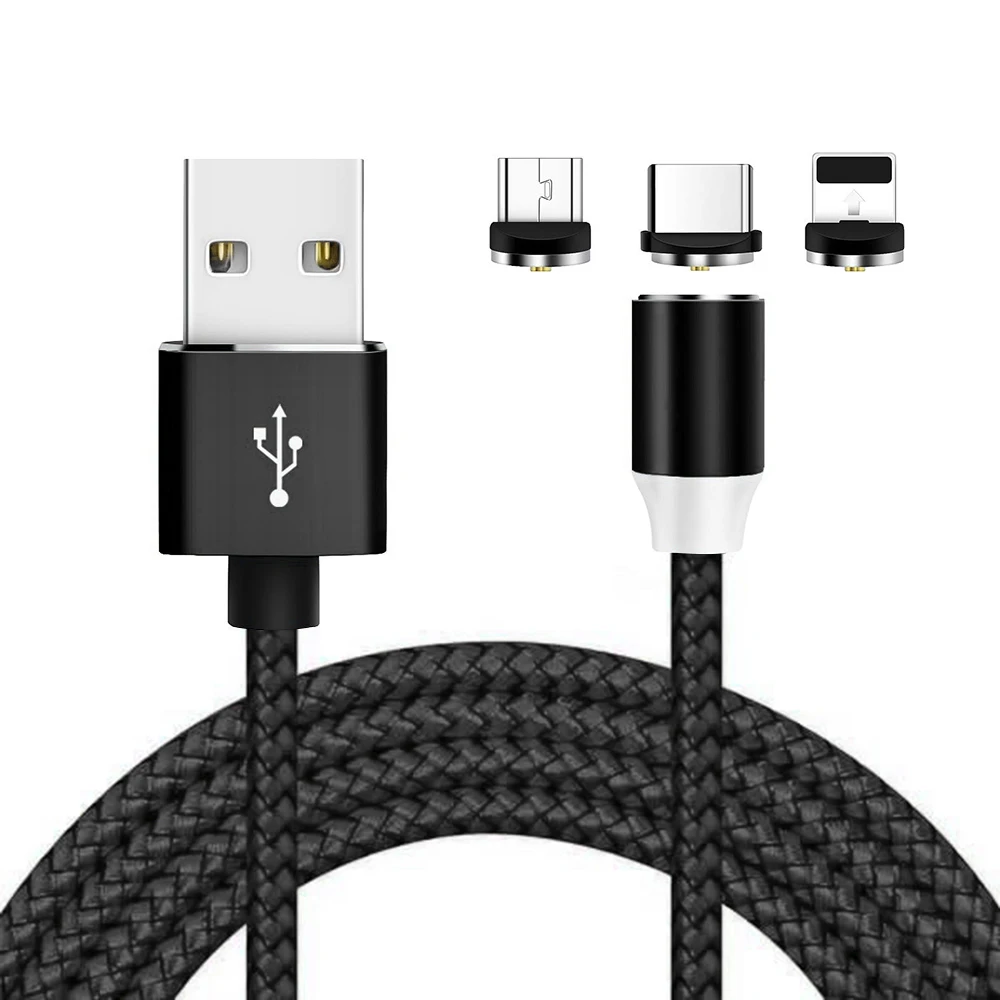 Светодиодный магнитный кабель USB для IPhone Xs Max 8 7 6 и кабель usb type C и кабель Micro USB для samsung Xiaomi LG USB C кабели для зарядки - Цвет: Черный