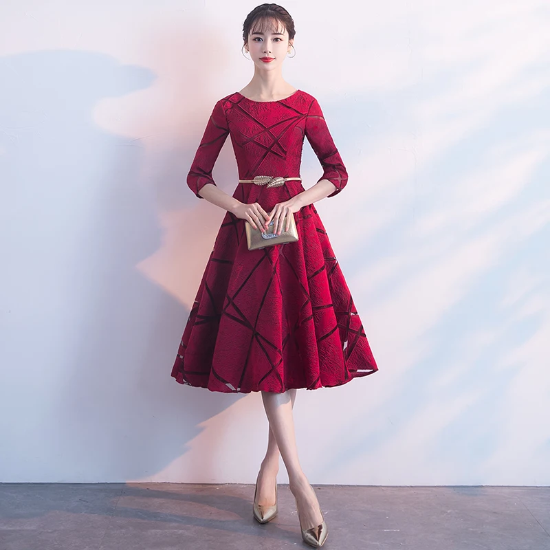 

2019 Wine Red Formal Dress for Party O-Neck Half Sleevele Elegant Evening Dresses Fashion Designer LF415