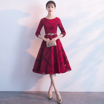 

2020 Wine Red Formal Dress for Party O-Neck Half Sleevele Elegant Evening Dresses Fashion Designer LF415