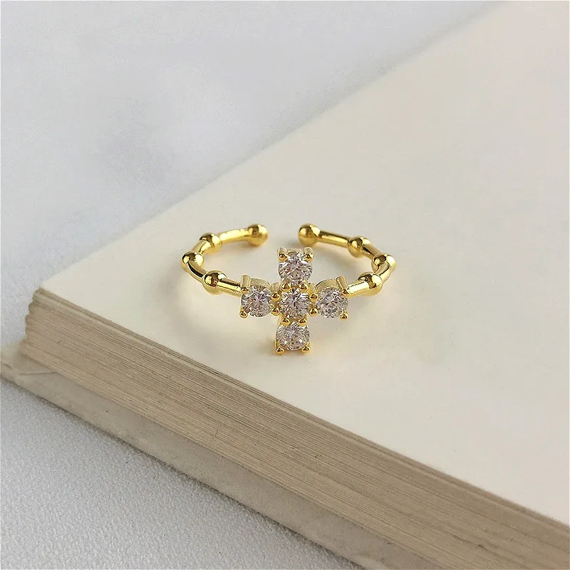 

Fengxiaoling Real 925 Sterling Silver Multiple Zircon Cross Open Rings For Women Simple Golden Vintage Ring Silver 925 Jewelry