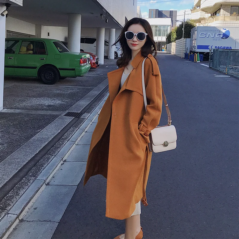 

2019 Autumn new style trench coat bright orange color soft fabric trench coat for wome and long trench coat Korean stylezara*