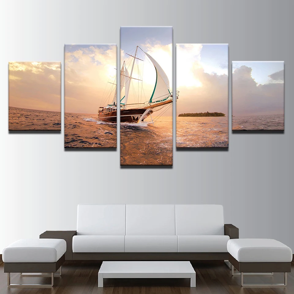 Waliicorners HD Prints Pictures Modular Canvas Wall Art Framework 5 Pieces Sunset Sailboat Seascape Paintings Home Decor Boat Sailing Posters 5