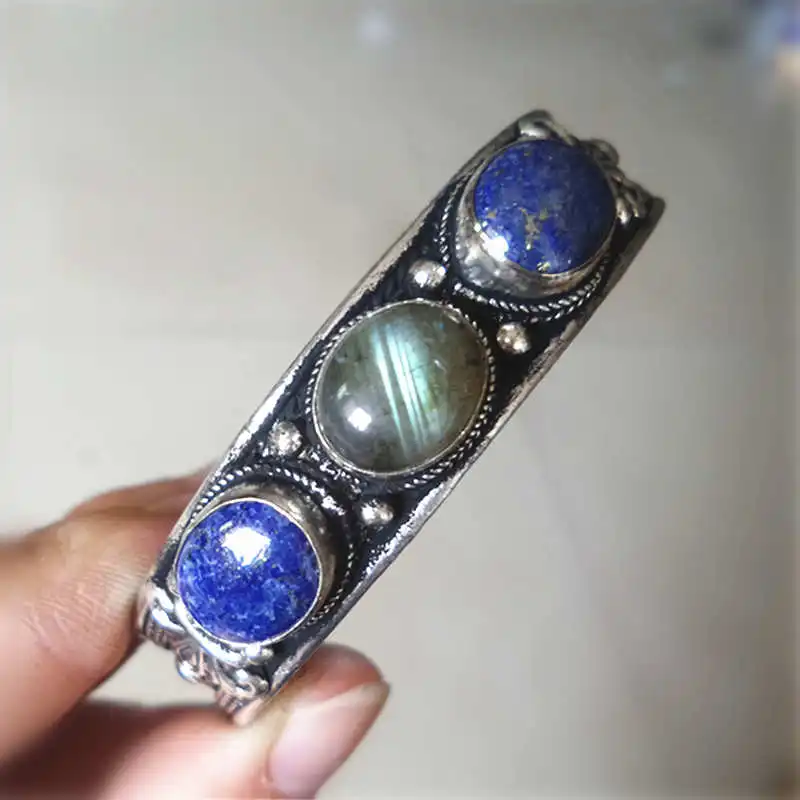 

BB-116 Tibetan Silver inlaid Multi Natural Stone Beads Open Cuff Bangles Lapis Lazuli Labradorite Nepal Vintage Jewelry