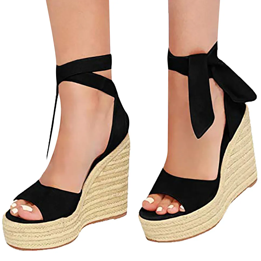 

MUQGEW High Heel Shoes Women's Summer Sandals Fashion Open Toe Wedges Thick Bottom Lace-Up Beach Shoes Plus Size Roman Sandals