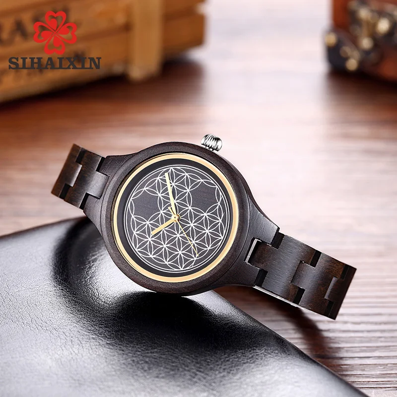 

SIHAIXIN Fashion Black Wooden Watch Ladies Vintage Small Size Bamboo Wood Bracelet Woman Quartz Sandalwood Female Clock Relogio