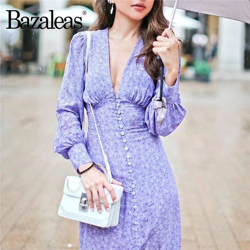 

Bazaleas Fashion Long sleeve button front dress Deep V neck Nipped waist vestidos Midi Dress Slim Purple Floral Dresses Casual