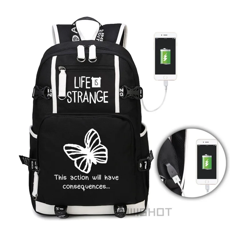 WISHOT Life is Strange Светящийся рюкзак через плечо для путешествий, рюкзак для подростков с usb зарядным портом, сумки для ноутбуков - Цвет: Black4