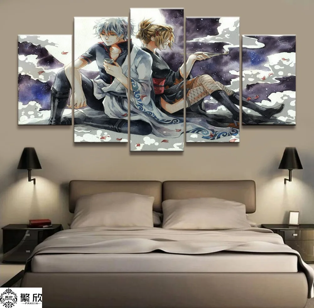 

Home Decor Modular Canvas Painting Picture 5 Piece GINTAMA Sakata Gintoki Animation Poster Wall For Home Canvas Wholesale