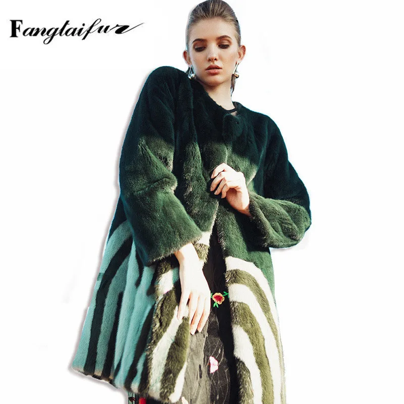 

Fang Tai Fur 2019 New Import Velvet Mink Fur Coat O-Neck Full Sleeve Striped Mink Coat Loss Women's Medium Real Mink Fur Coats