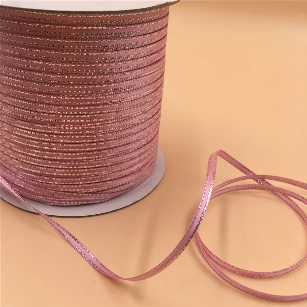 

20YDS Lot 1/8" 3MM Pink Polyester Silver Lurex Edges Satin Ribbon,Top Quality For DIY Craft,Hair,Sewing,Packaging,Wedding Party