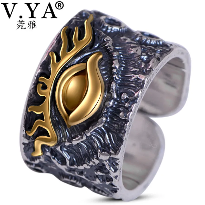 

V.YA Gold Color God Eye Rings for Men 925 Sterling Silver Rings Mens Anillos Adjustable Size Vintage Male Jewelry
