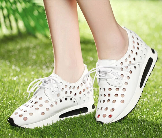 Летняя женская обувь из натуральной кожи на танкетке, увеличивающая рост, увеличивающая рост, с вырезами, на шнуровке, дышащая модная повседневная обувь размер 34-39, SXQ0625