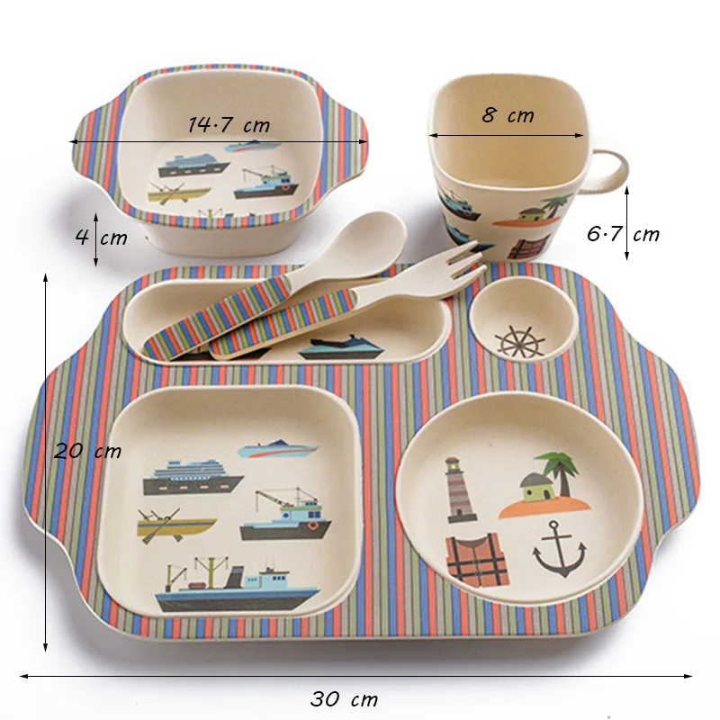Pratos de Bambu Louça de Alimentação Recipiente de Alimentos Crianças Infantil Louça Garfo Colher Copo Criança Tigelas Utensílios T0525 3 Mamãe e Bebê
