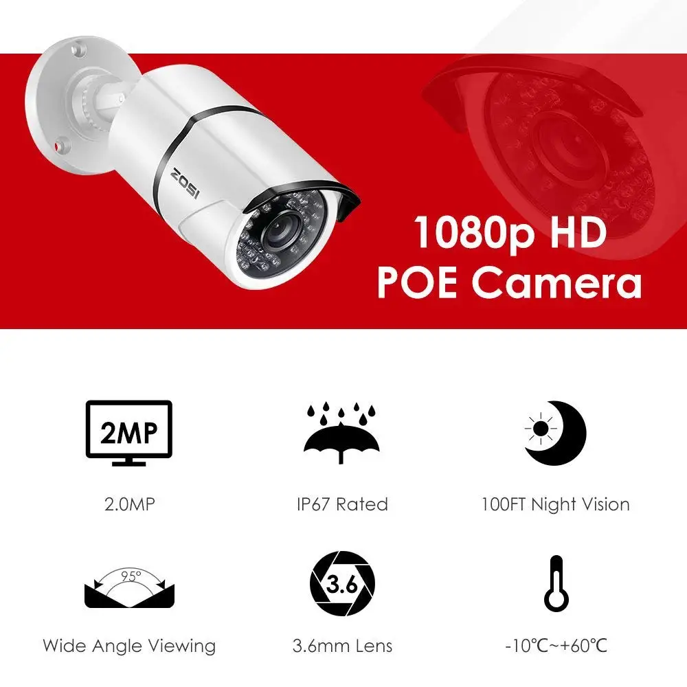 ZOSI CCTV 1080 P POE видеонаблюдения безопасности Системы комплект с 2-Megapixel Наружная цилиндрическая ip-камер с 100ft Ночное видение