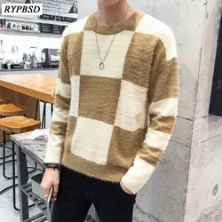 Новый 2019 Для мужчин Свитер в клетку в Корейском стиле свободные мохер пуловер свитер толстый Однотонная повседневная обувь О-образным