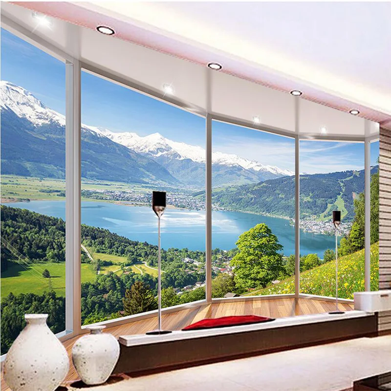 Papel de Parede Mural 3d Personalizado Janela Francesa Moderna Criativa Varanda Paisagem Natureza Foto Papéis de Parede Sala Quarto Home Decor