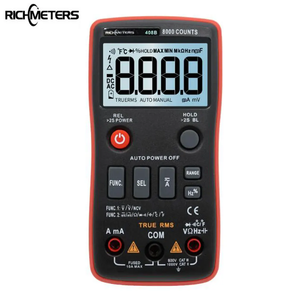 

RM408B Digital Multimeter Button 8000 Counts True-RMS Temperature Test 5MHz Frequency ACDC Voltage Current 9.999mF Capacitance