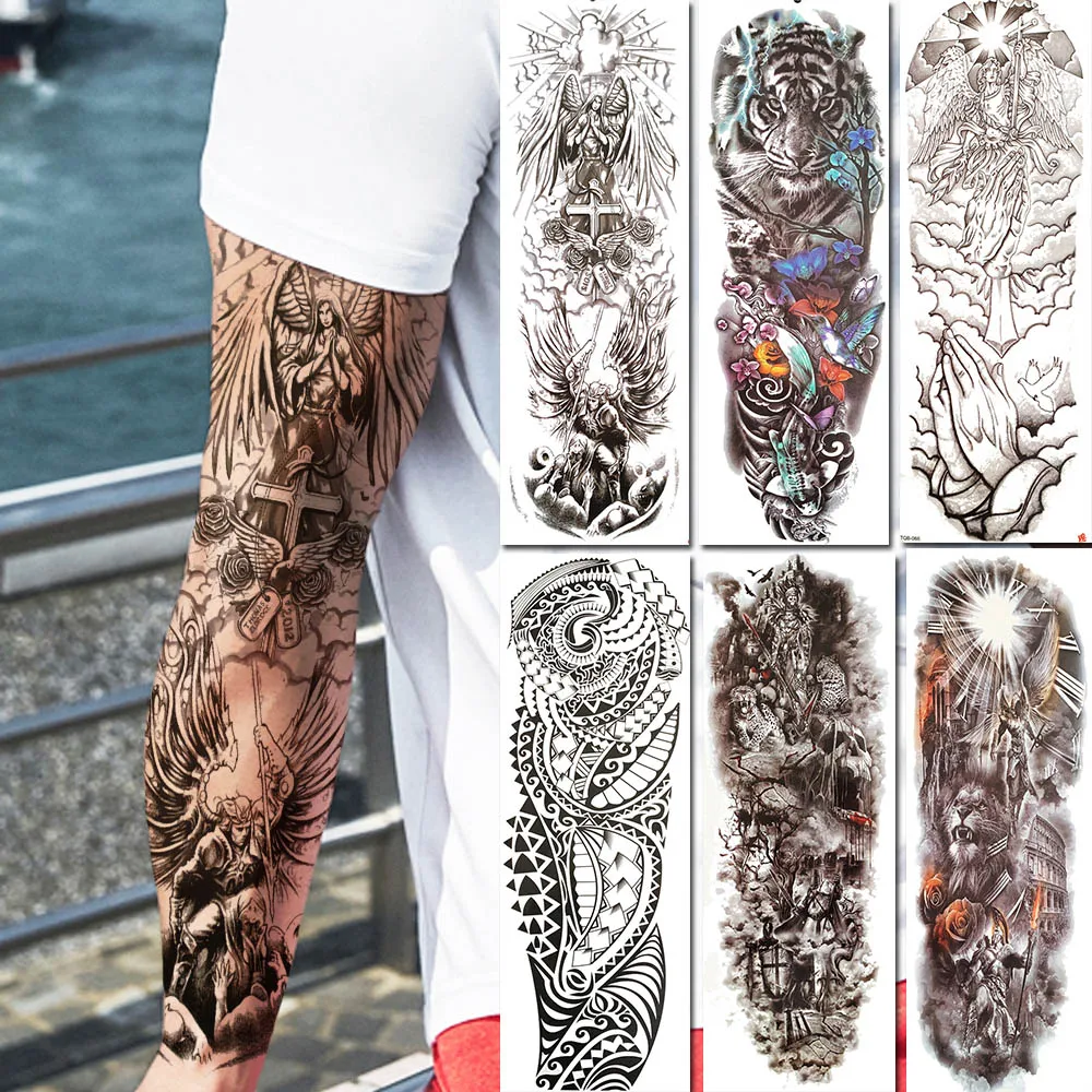 

Full Arm Angel Wing Warrior Temporary Tattoos For Men Women Waterproof Fake Tattoo Stickers Body Leg Art Tiger Henna Tatoo Paper