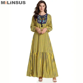 

Milinsus Yellow stripes Women Long Dress embroidery O-Neck fashion maxi muslim dresses Plus Size M-4XL Casual womens clothing