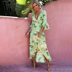 Wyhhcj 2018 vestidos мода Boho Летнее платье Sexy Глубокий v-образным вырезом Бабочка пляжное платье с цветочным принтом аномалия длинные платья женщин