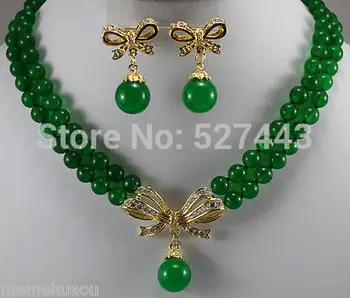

HOT SELL - Wholesale JWEW6560 2 row 8mm green jade necklace+ flower pendant earrings (A0511) -Top quality free shipping