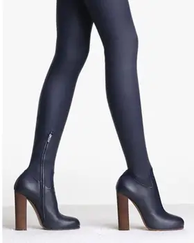 

Fashion runway women slim stretchy thigh high boots block high heels zip over-knee high boots Fall winter motorcycle Booties