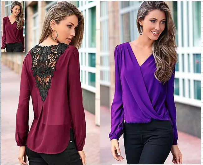 

AS19 New Fashion Back Lace Shirt Ladies' Elegant Stylish Cross Front Chiffon Blouse Women Long Sleeve Blusas