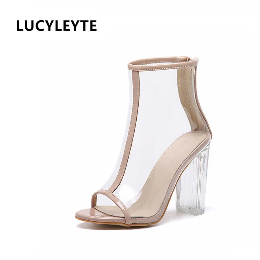 

2017 summer PVC material transparent rubber boots thick with high-heeled sandals fish mouth zip closure women's boots